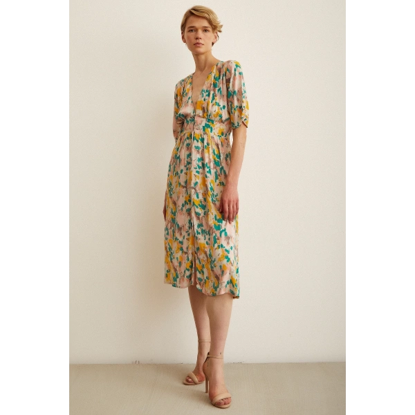 Çiçek Desen V Yaka Elbise Sarı