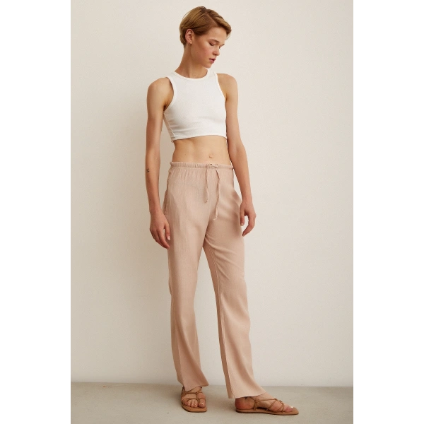 Beli Lastikli Biyeli Yüksek Bel Pantolon Pudra