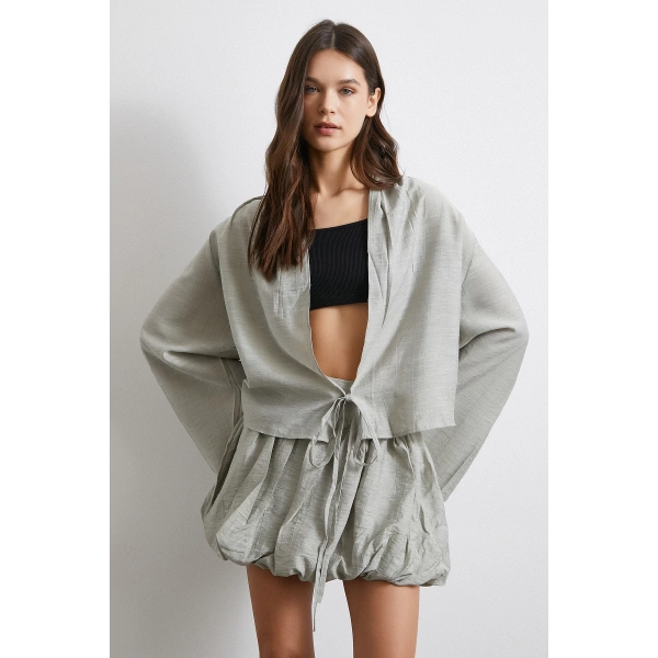 Geniş Kol Önden Bağlamalı Bluz Taş