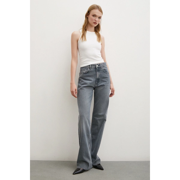 Yüksek Bel Kesik Paça Wide Leg Jean Füme