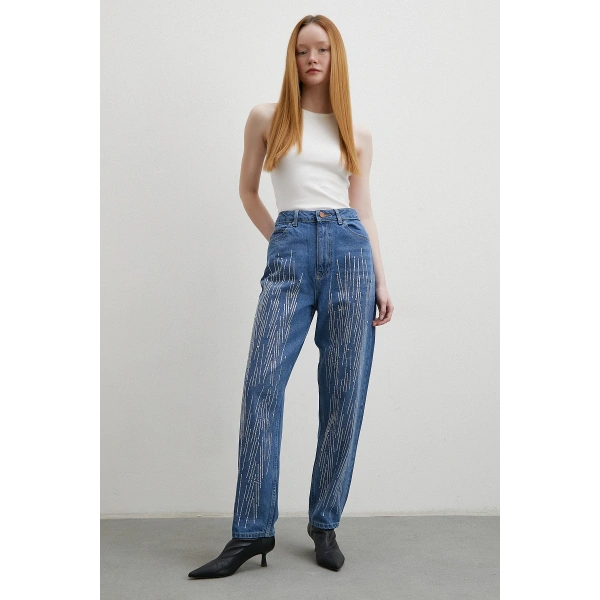 Taş İşlemeli Mom Jean Mavi