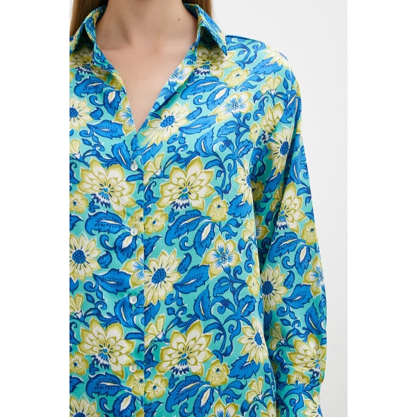 Lotus Desenli Gömlek Mavi