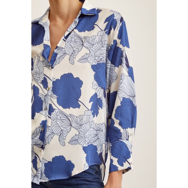 V Yaka Saten Gömlek Mavi