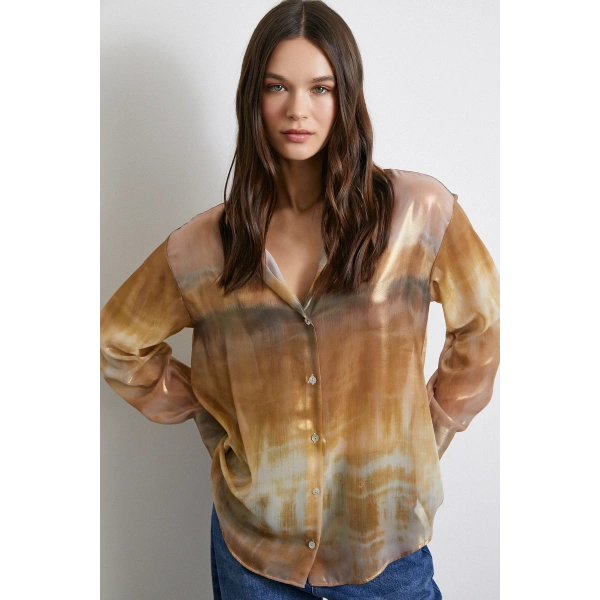 Desenli Krinkıl Gömlek Haki