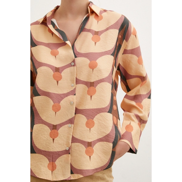 Desenli V Yaka Modal Gömlek Camel
