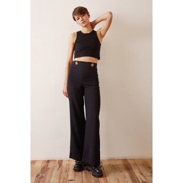 Düğme Detaylı Salaş Pantolon Siyah