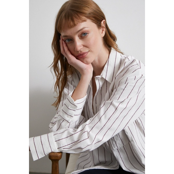 Kontrast Çizgili Gömlek Beyaz