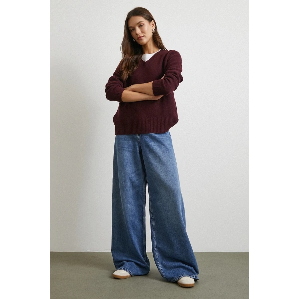 Yüksek Bel Geniş Paça Beş Cepli Jean Mavi