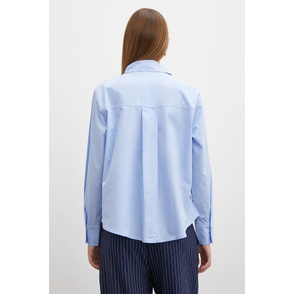 Yaka İncili Poplin Gömlek Mavi