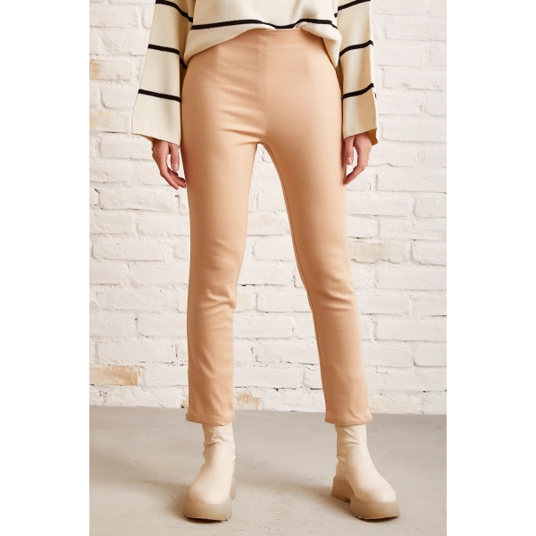 Fermuarlı Tayt Pantolon Bej