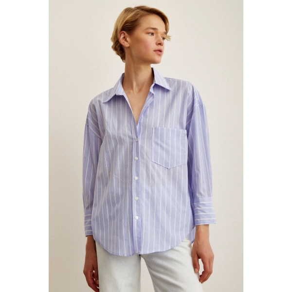 Çizgili Poplin Gömlek Açık Mavi