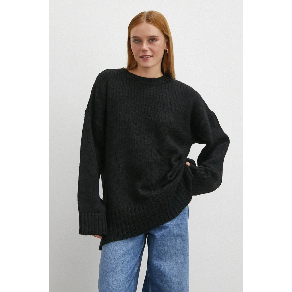 Bisiklet Yaka Fitilli Triko Kazak Siyah