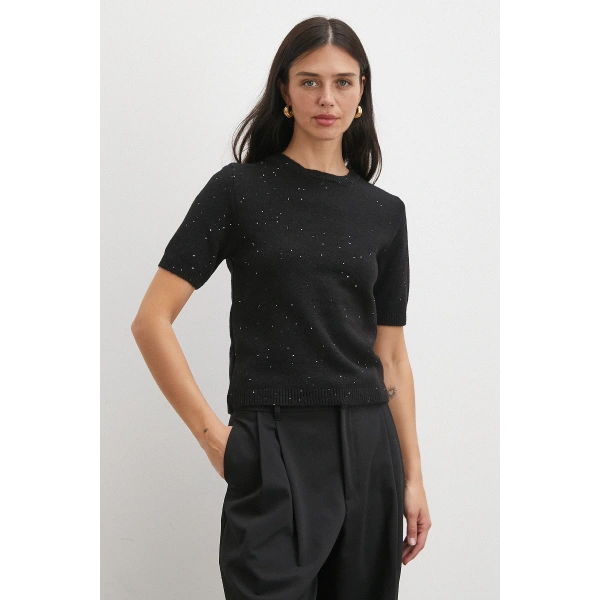 Simli Kısa Kol Kazak Siyah