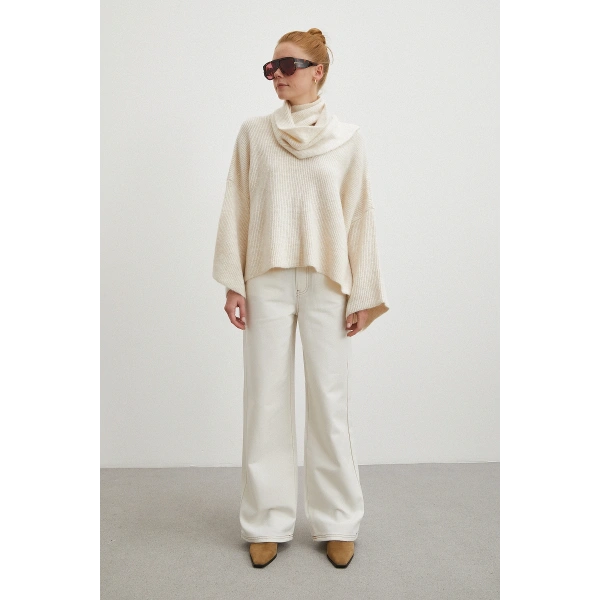 Yüksek Bel Baggy Jean Kırık Beyaz