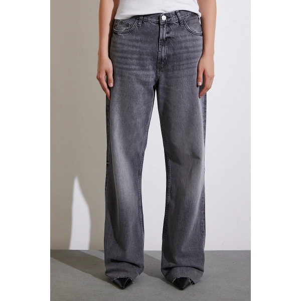 Yüksek Bel Kesik Paça Wide Leg Jean Antirasit