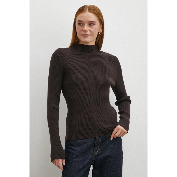 Fitilli Yarım Balıkçı Yaka Kazak Kahve