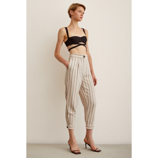 Önü Düğmeli Çizgili Pantolon Çizgili Ekru