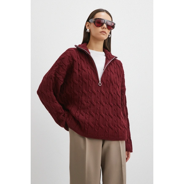 Saç Örgülü Yarım Fermuarlı Kazak Bordo