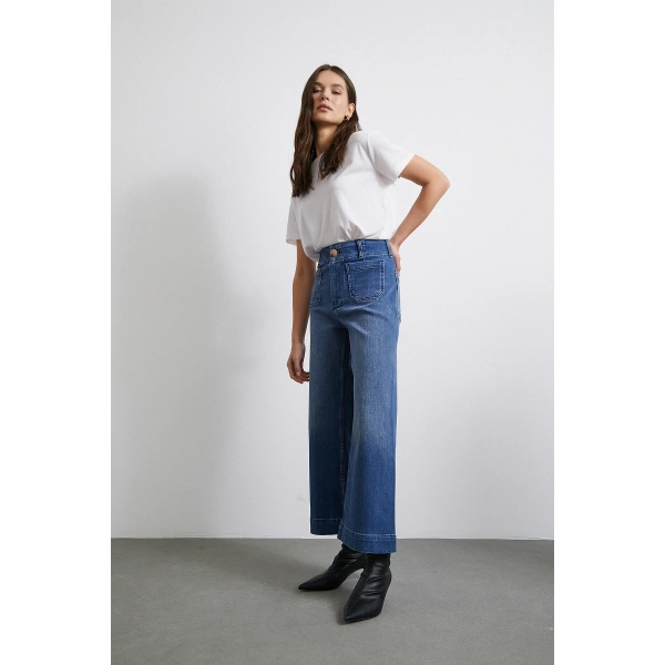 Cep Ve Düğme Detaylı Wide Leg Jean Mavi