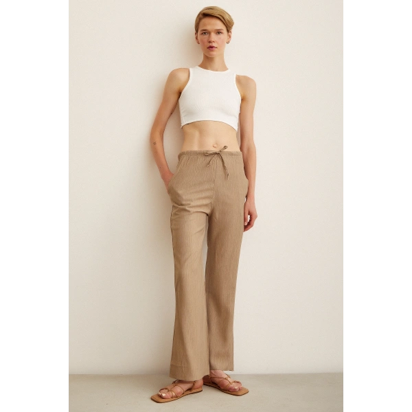 Beli Lastikli Biyeli Yüksek Bel Pantolon Haki