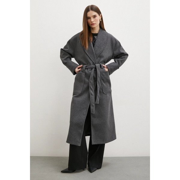 Kuşaklı Şal Yaka Kaban Antirasit