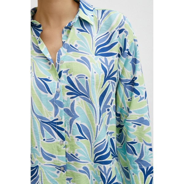 Baskılı Modal Gömlek Mavi