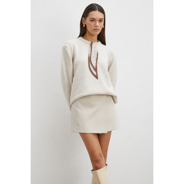 Fularlı Uzun Kollu Kazak Ekru