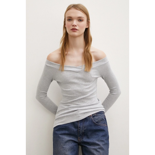 Kayık Yaka Bluz Gri
