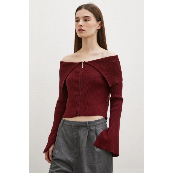 Fermuarlı Mendil Yaka Hırka Bordo