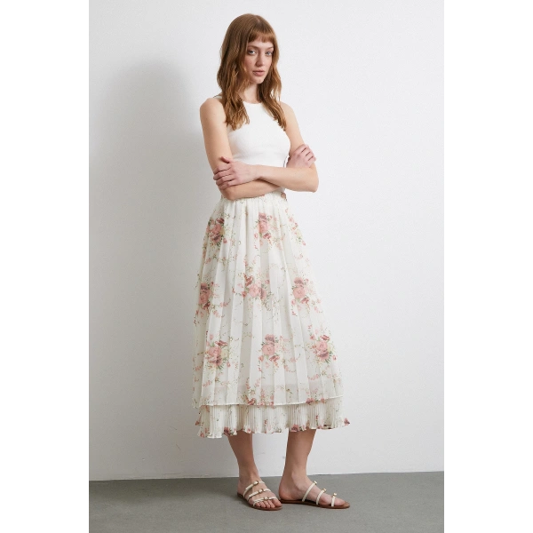 Fırfırlı Piliseli Etek Krem