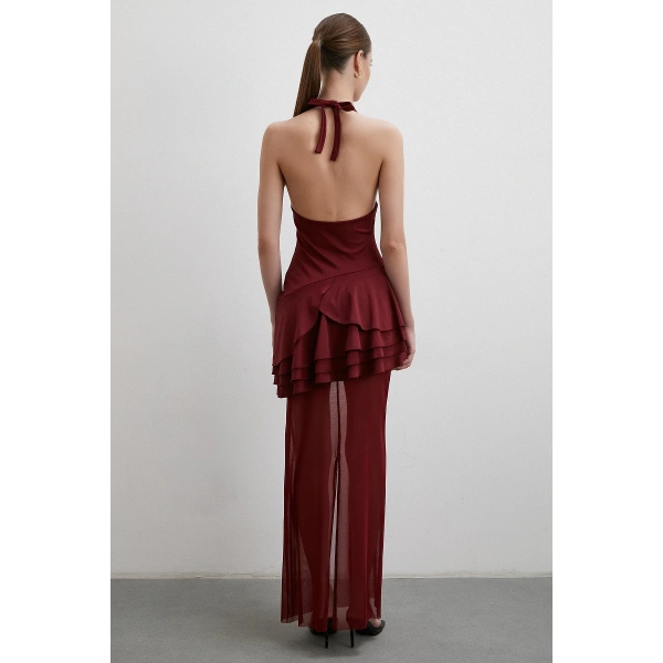 Boyun Askılı Fırfırlı Tül Elbise Bordo