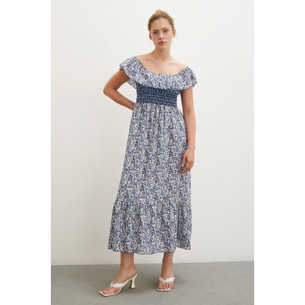 Bel Gipeli Maxi Elbise Mavi