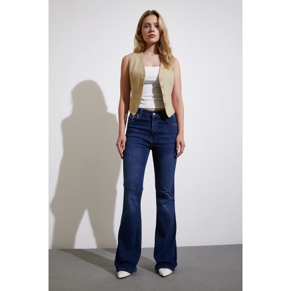 Yüksek Bel İspanyol Paça Jean Koyu Lacivert