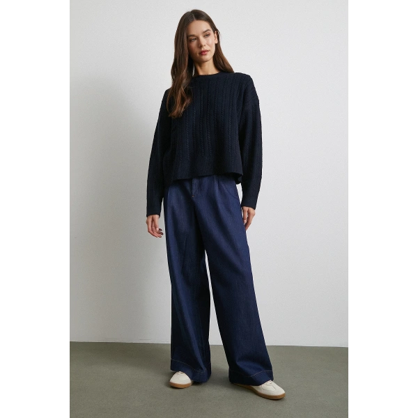 Yüksek Bel Geniş Paça Jean Lacivert