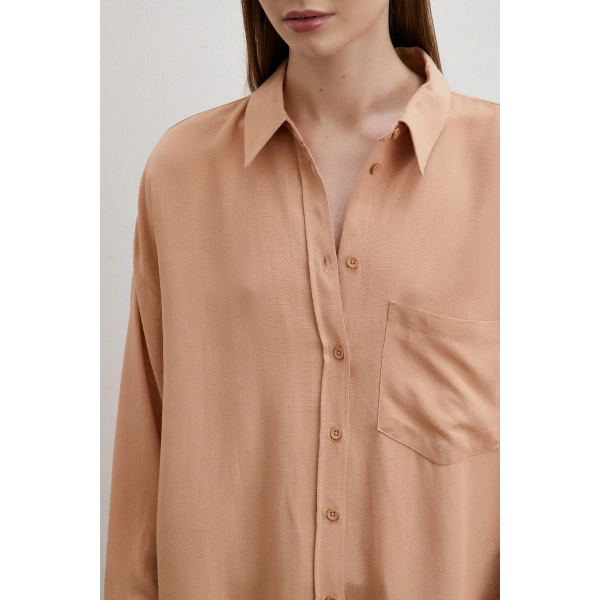 Keten Karışımlı Linen Prunes Gömlek Pudra