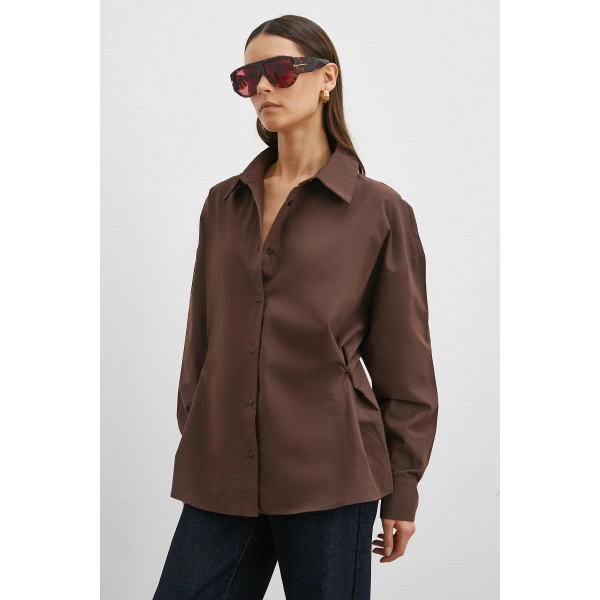 Düğme Detaylı Pamuklu Gömlek Kahve