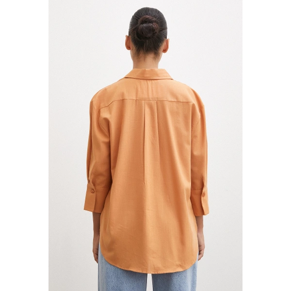 Geniş Manşetli Keten Gömlek Kahve