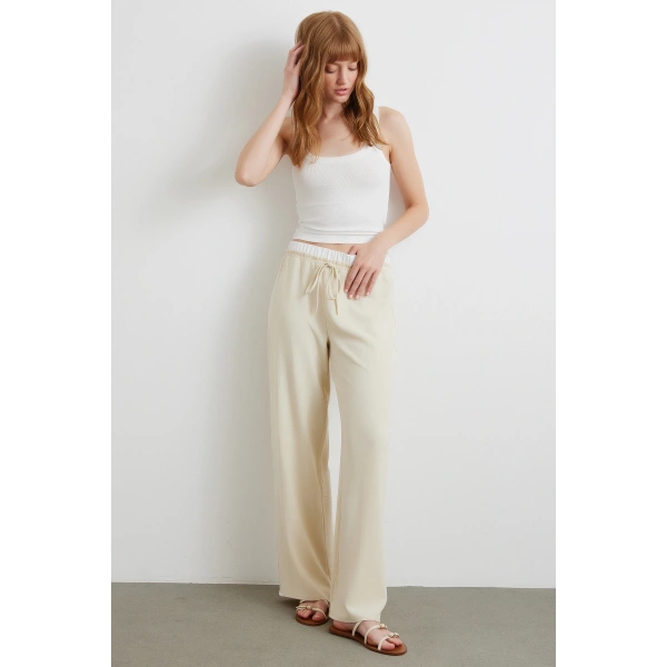 Bel Bantlı Wide Leg Pantolon Krem