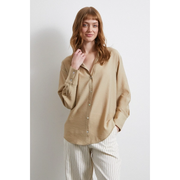 Kraşlı Saten Gömlek Bej