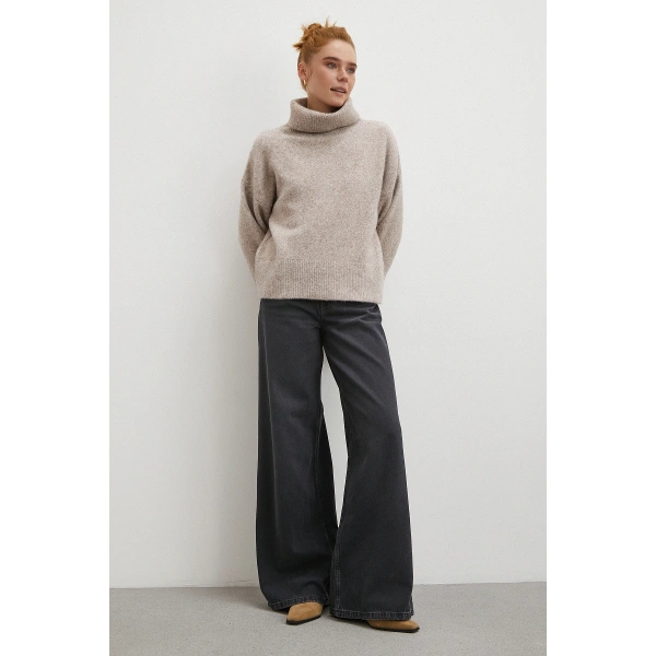 Yüksek Bel Geniş Paça Jean Siyah