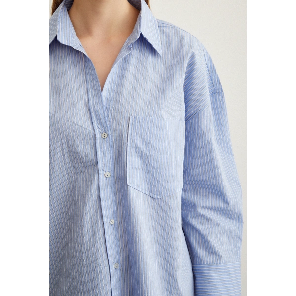 Çizgili Oversize Gömlek Mavi