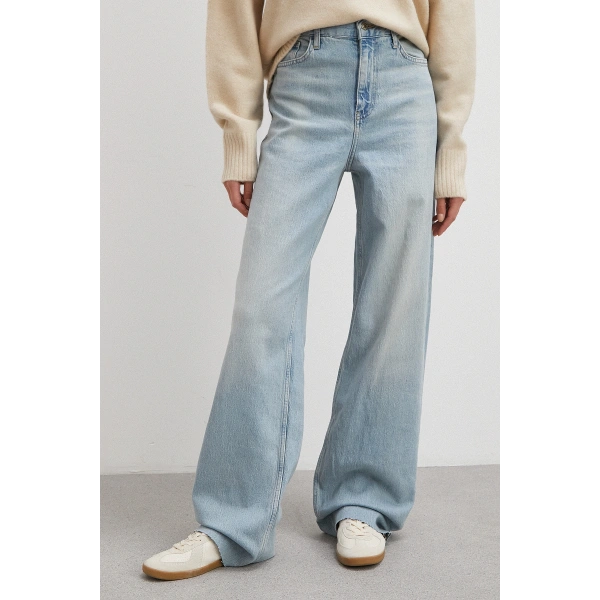 Yüksek Bel Kesik Paça Straight Buz Mavisi