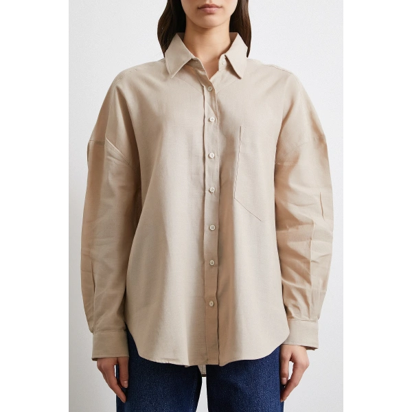 Cepli Oversize Keten  Gömlek Bej