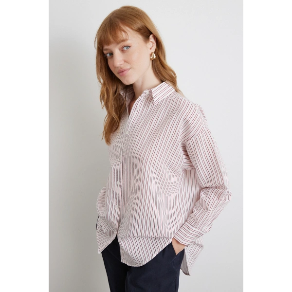 Simetrik Çizgili Gömlek Bordo