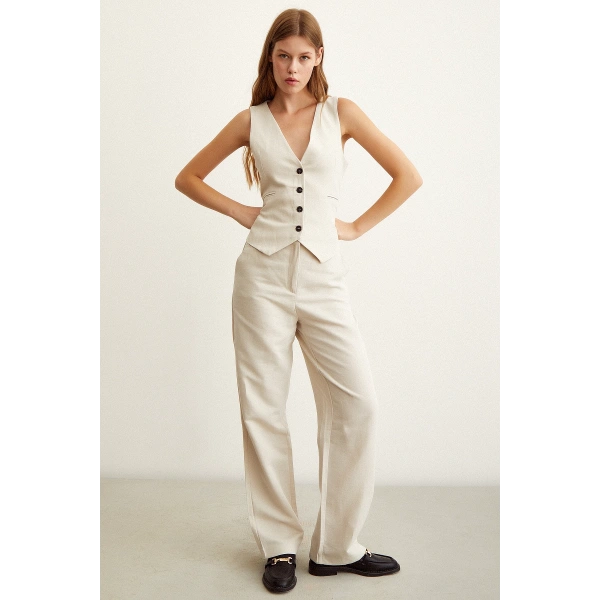 Yüksek Bel Keten Pantolon Bej