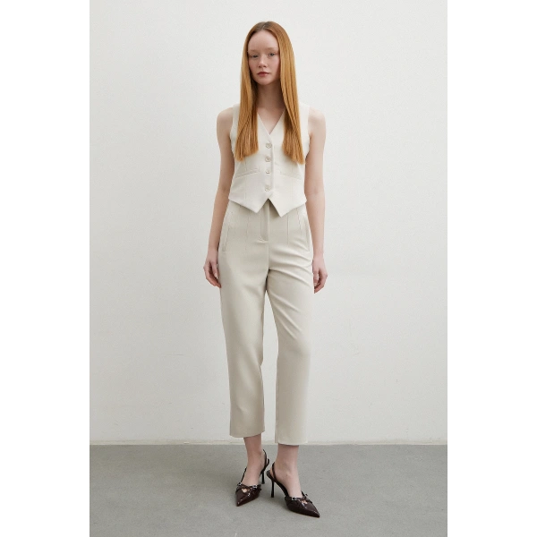 Önü Pensli Skinny Kumaş Pantolon Bej