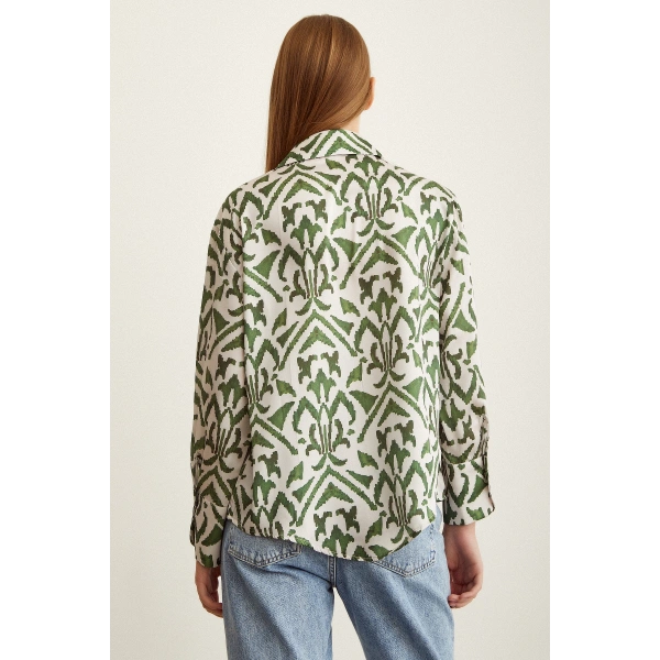 V Yaka Desenli Saten Gömlek Haki