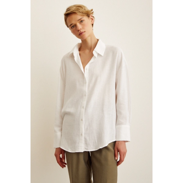 Robalı Oversize Gömlek Beyaz