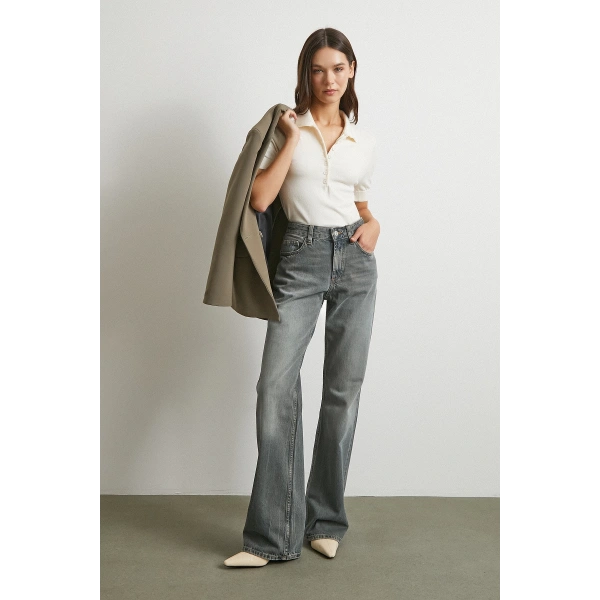 Polo Yaka Düğmeli Kısa Kol Ekru