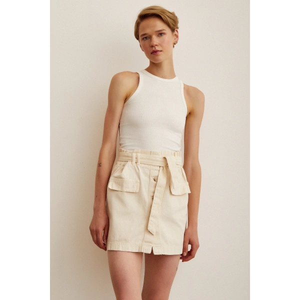 Düğmeli Gabardin Etek Bej